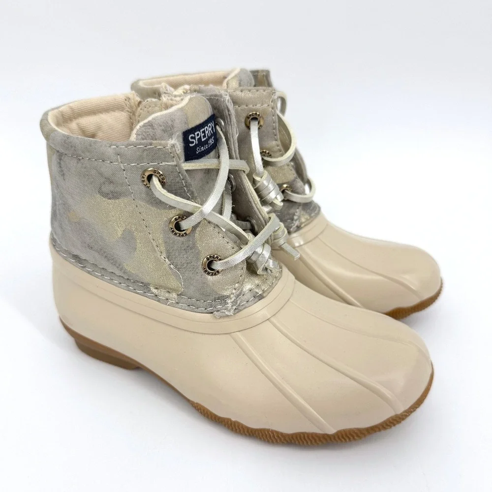 Sperry Girl's Saltwater Duck Cream Camo Boots Shoes Sz 10